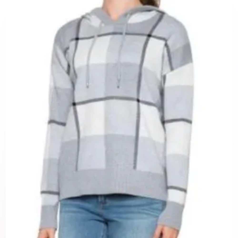 Rachel Roy Hoodie Knit Sweater Plaid Gray Soft Cozy Size Medium